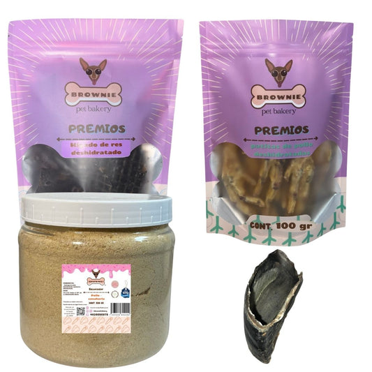 2 bolsas de proteínas deshidratada + sabroseador + pezuña