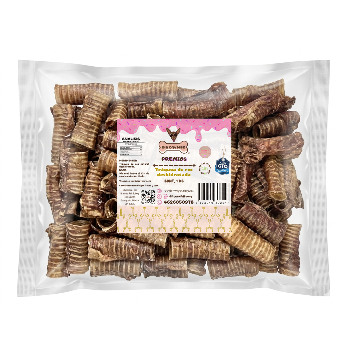 Tráqueas de Res Deshidratadas para Perros | Snack Masticable con Condroitina para Articulaciones | Brownie