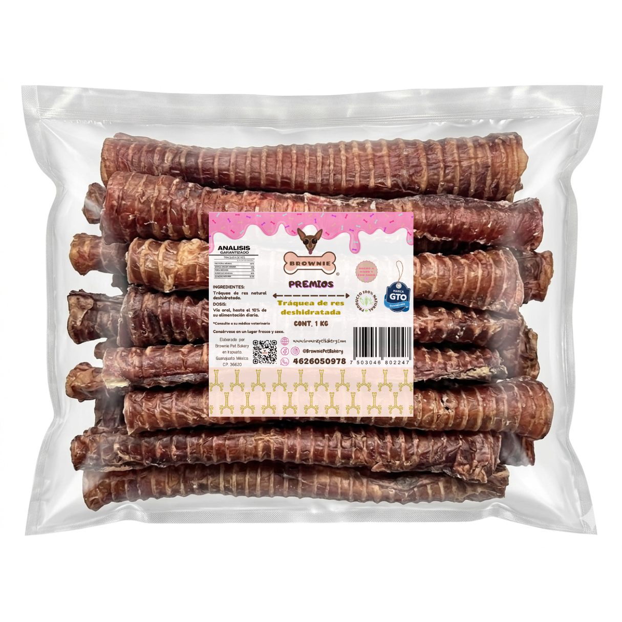 Tráqueas de Res Deshidratadas para Perros | Snack Masticable con Condroitina para Articulaciones | Brownie